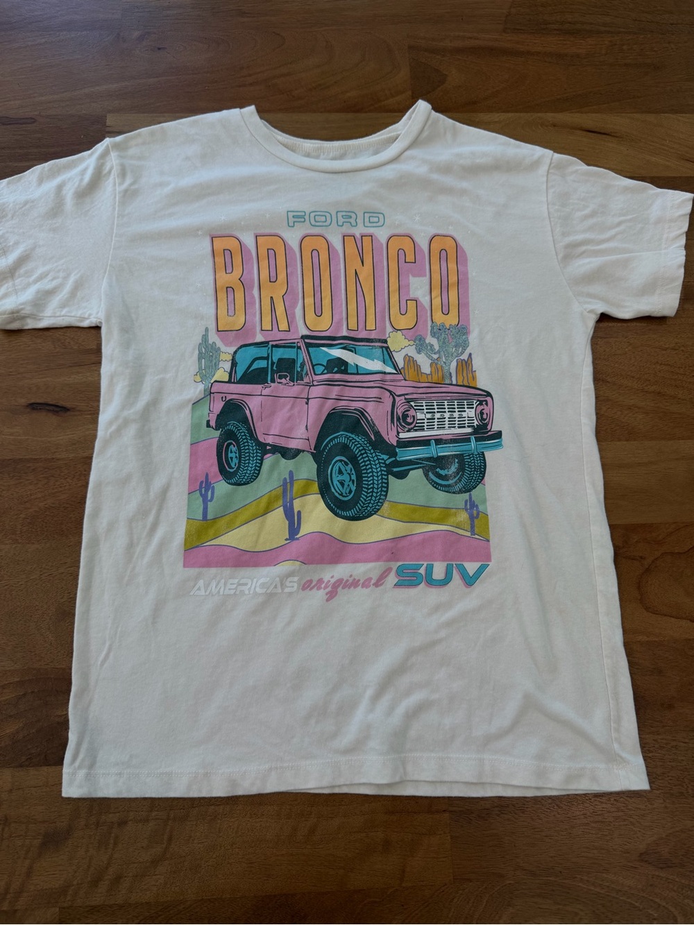 Ford Bronco Graphic Tee in White with Pink & Teal Graphic Size Medium